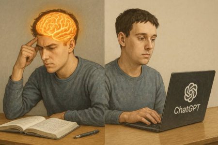 Cerveau humain face à une intelligence artificielle illustrant la baisse d’activité cérébrale