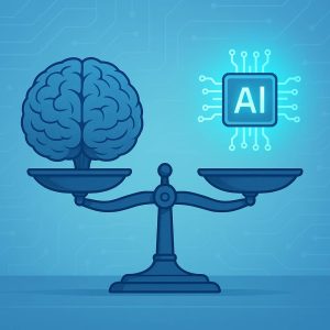 Balance représentant un cerveau humain d’un côté et une puce IA de l’autre