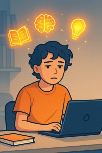 Illustration d’un étudiant passif devant un écran affichant ChatGPT, idées qui s’envolent de son cerveau