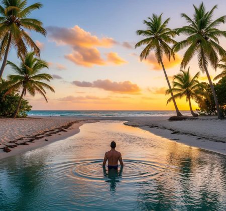 Homme de dos nageant dans une rivière tropicale en Guadeloupe