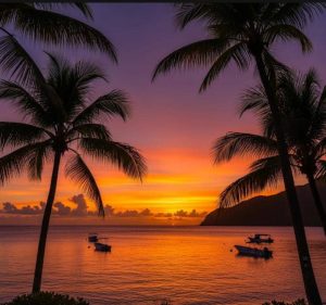Coucher de soleil sur la mer des Caraïbes en Guadeloupe avec palmiers en silhouette